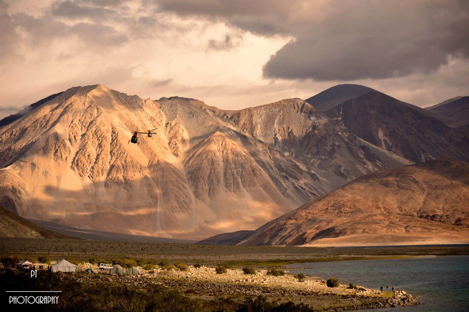 Military copters hovering over Pangong Lake
